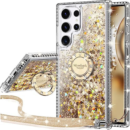 Silverback for Samsung Galaxy S24 Ultra Case with Ring, Women Girls Bling Holographic Sparkle Glitter Cute Cover,Diamond Ring Protective Phone Case for Galaxy S24 Ultra - Clear Gold | Moving Liquid Holographic Sparkle Glitter, Kickstand, Bling Diamond Rin