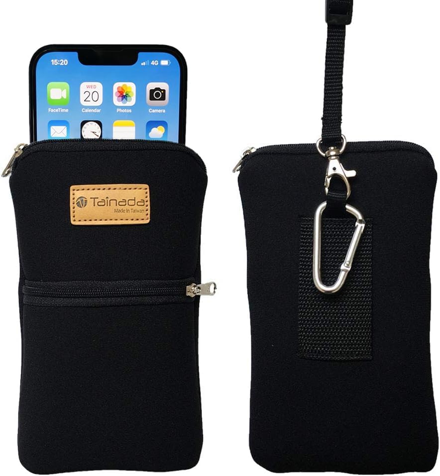 Tainada Men Women Phone Neoprene Shockproof Zippered Sleeve Case Bag Pouch w/Carabiner Clip Hook, Neck Lanyard, Belt Loop Holster for iPhone 17/16 Pro Max, Air, 16e, 16 Plus; Samsung S25+ (Black) | For Men/Women; Water-resistant neoprene material, shockpr