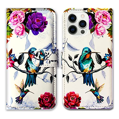 Bcov Case for iPhone 14 Pro, Hummingbird in Flowers Bird Leather Flip Phone Case Wallet Cover with Card Slot Holder Kickstand for iPhone 14 Pro - color: Hummingbird In Flowers