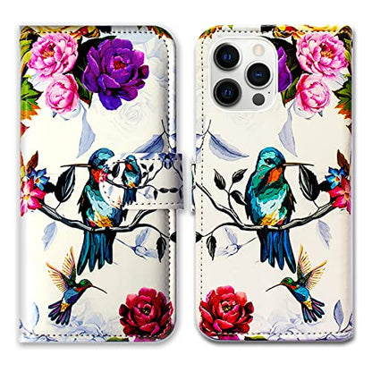 Bcov Case for iPhone 14 Pro, Hummingbird in Flowers Bird Leather Flip Phone Case Wallet Cover with Card Slot Holder Kickstand for iPhone 14 Pro - color: Hummingbird In Flowers