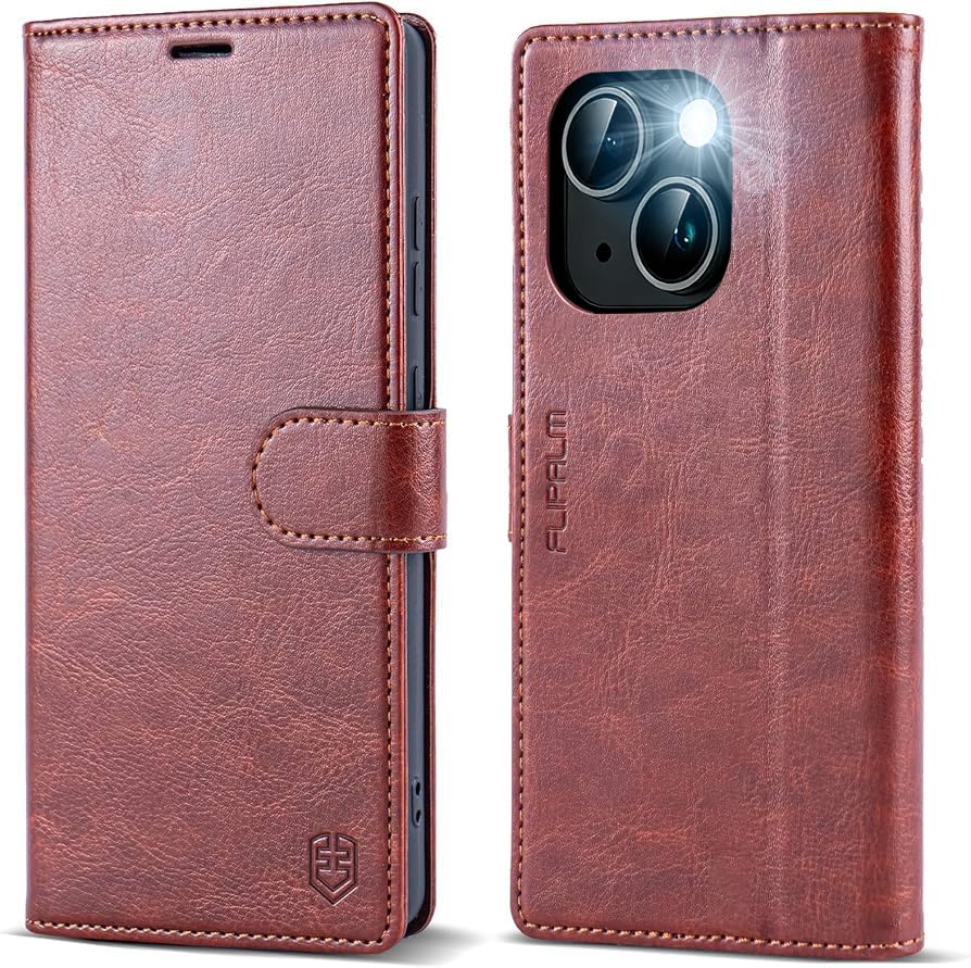 FLIPALM Card Holder Wallet Case for iPhone 15 Plus 6.7", Brown | RFID Blocking, PU Leather Folio Flip, Kickstand, Protective Shockproof Cover - color: Brown, size: iPhone 15 Plus - 6.7"