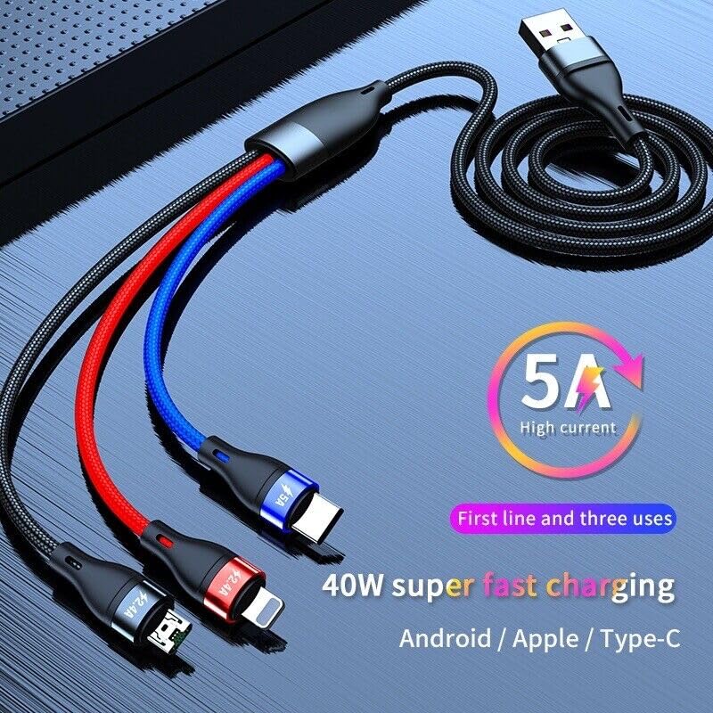 3 in 1 Fast Charging Cable with Micro USB, USB-C, and Lightning Connector Compatible with iPhone and Android, Nylon Braided, Black