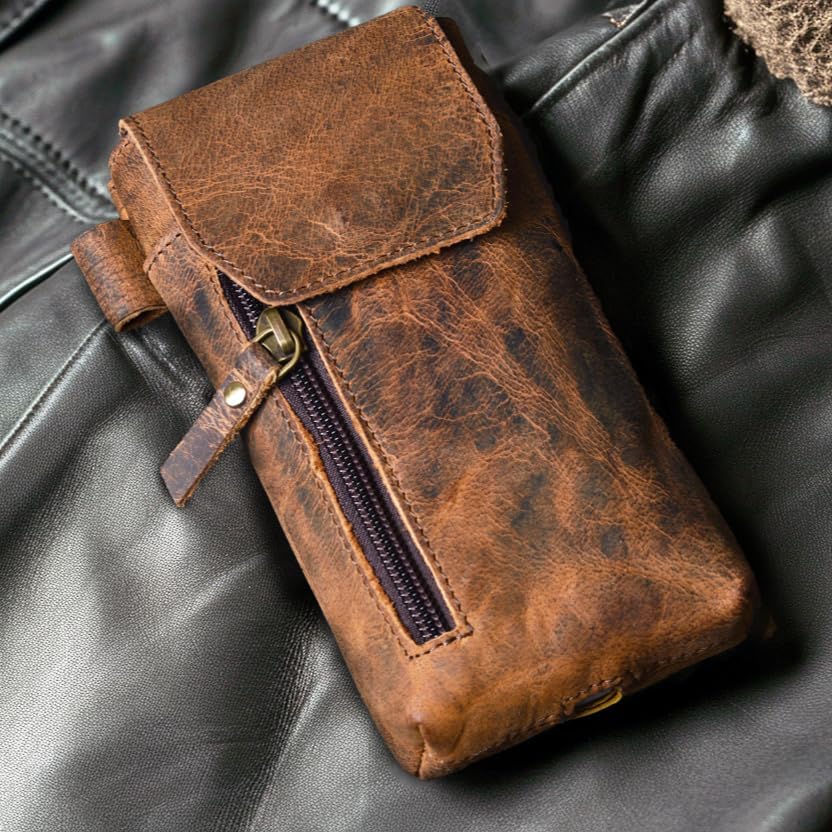 Leather Village Genuine Leather 7”x3.5” Phone Holster Pouch with Belt Clip, Magnetic Closure, ID Card Holder - Brown Universal Case for iPhone, Samsung Galaxy, Google Pixel - color: Distressed Brown