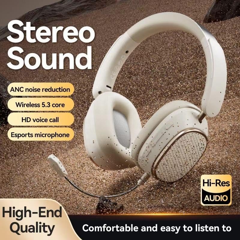 Hi-Fi Stereo Wireless Headphone Active Noise Cancellation Bluetooth 5.3 Headset with Detachable Microphone Ultra Comfortable and Full Ear Coverage Lightweight Foldable Earphone - color: Beige