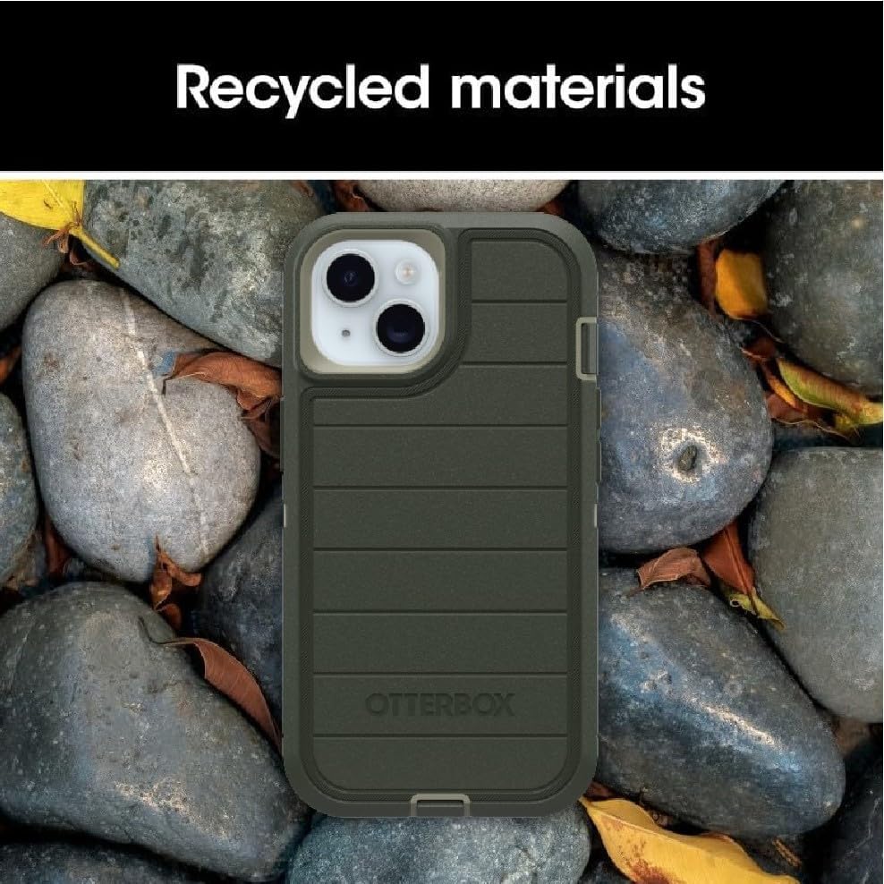 OtterBox iPhone 15, iPhone 14, & iPhone 13 (Only) Defender Series Case - Lichen the Trek (Green) - Rugged & Durable - with Port Protection - Holster Clip Includes - Microbial Defense Protection - color: Lichen The Trek (Green), style: Non-MagSafe